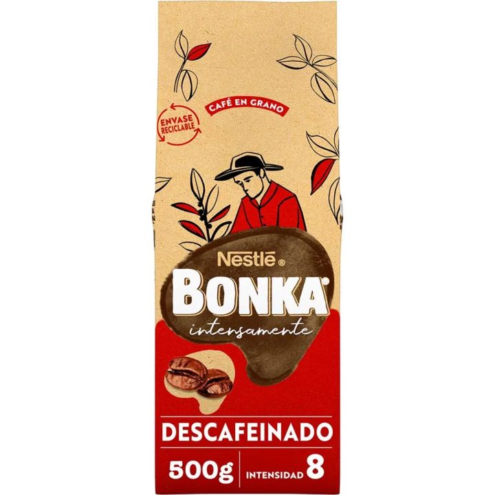 Café en grano descafeinado Bonka 500 gr intensidad 8 procedente de cultivo responsable